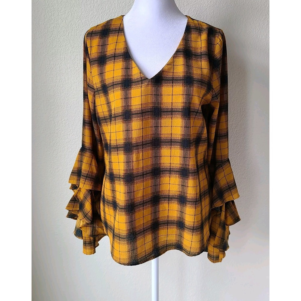 Altar'd State Plaid Academia Top Tunic Small Ruffle‎ Bell Sleeves School Office - Picture 2 of 10